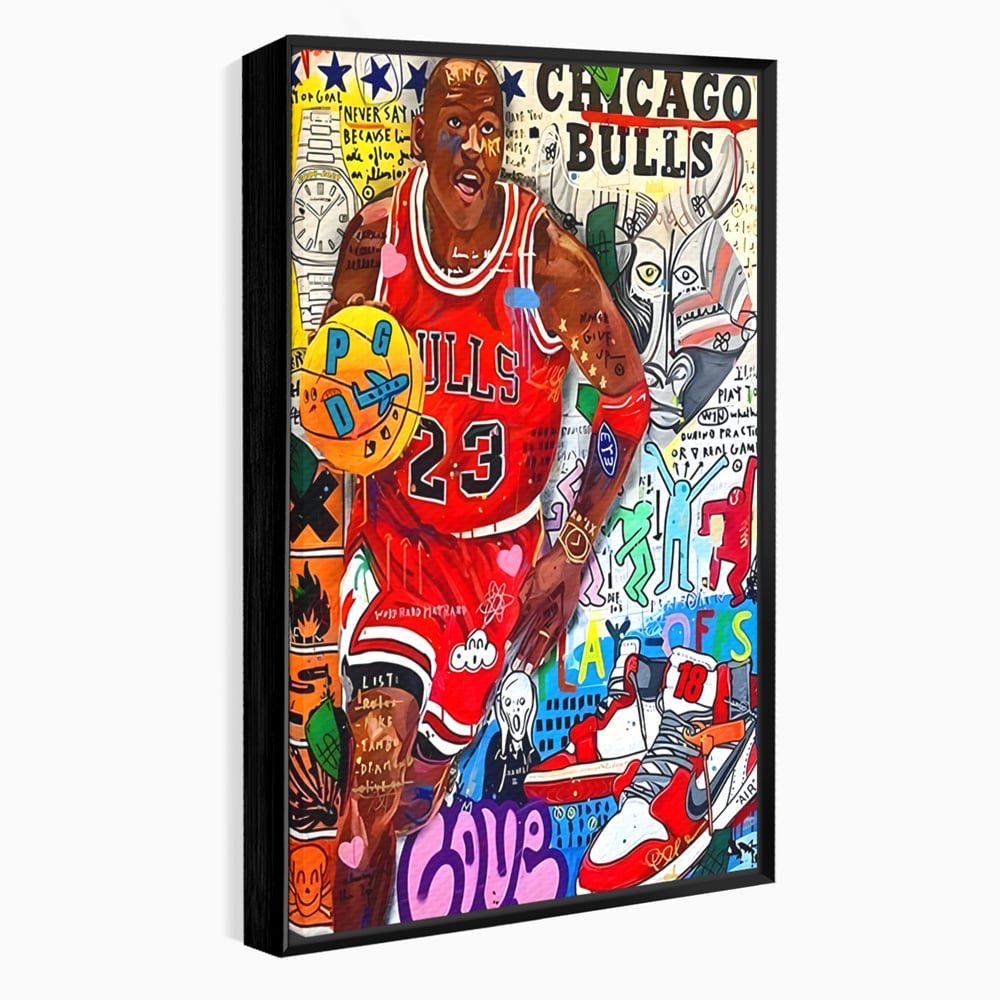 Tablou canvas cu tablou canvas cu michael jordan in stil graffiti, in rama de aluminiu negru